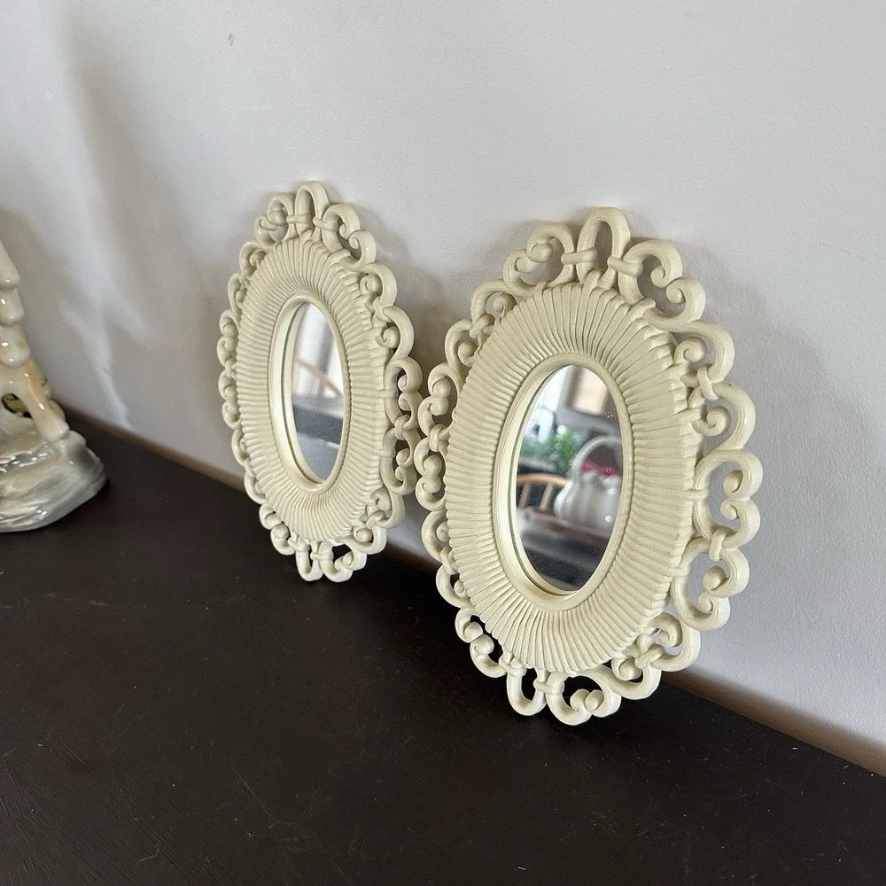 Set 2 Homco Oval Mirror Wall Decor Faux Rattan 1978 Boho Retro White Cottagecore